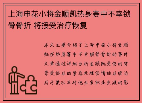 上海申花小将金顺凯热身赛中不幸锁骨骨折 将接受治疗恢复