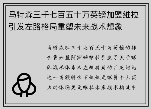 马特森三千七百五十万英镑加盟维拉引发左路格局重塑未来战术想象