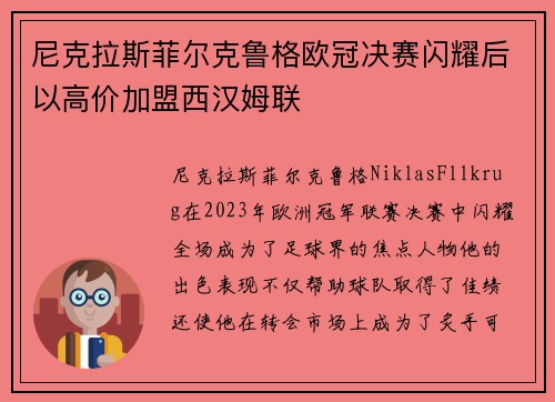 尼克拉斯菲尔克鲁格欧冠决赛闪耀后以高价加盟西汉姆联 尼克拉斯菲尔克鲁格欧冠决赛闪耀后以高价加盟西汉姆联